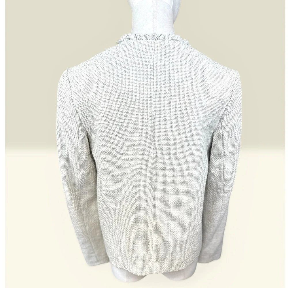 J.McLaughlin Tweed Lady Jacket Size S‎ Cream Fringe Trim Cotton Blend Excellent